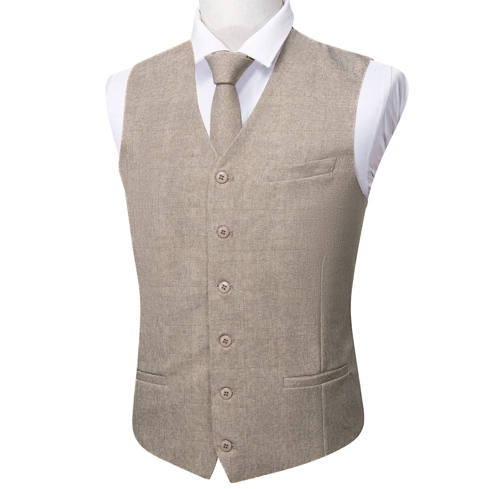 2PCS Khaki Solid Jacquard Men's Vest Tie Set