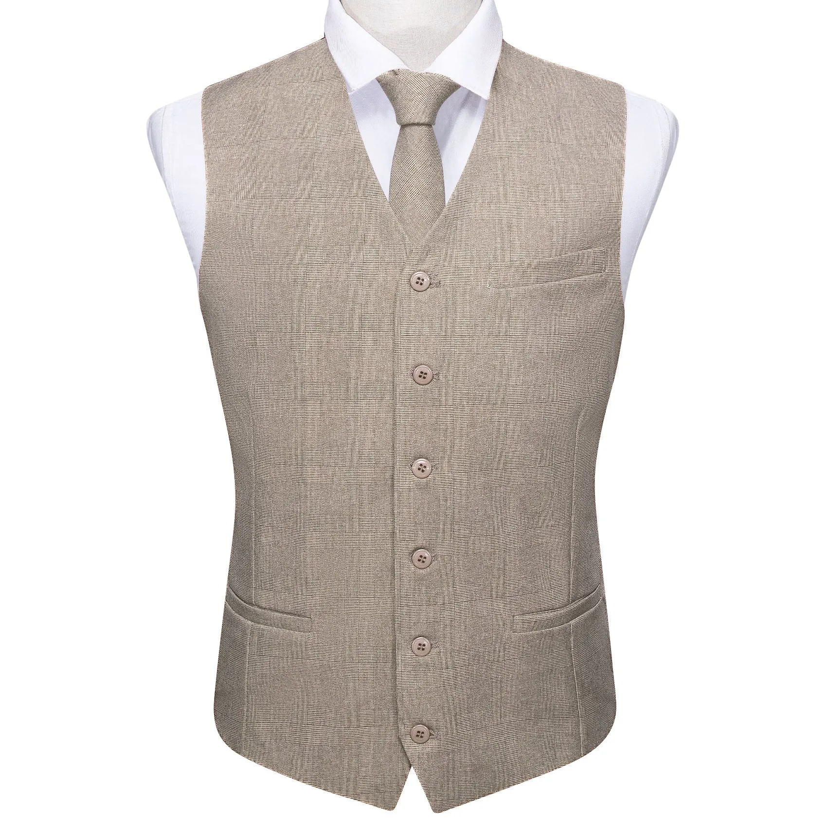 2PCS Khaki Solid Jacquard Men's Vest Tie Set