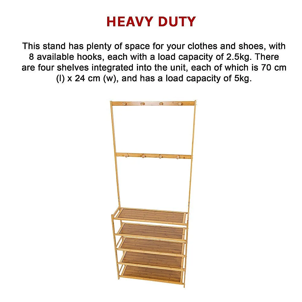 5-Tier Bamboo Coat Shoe Rack with 8 Hooks & Shelves