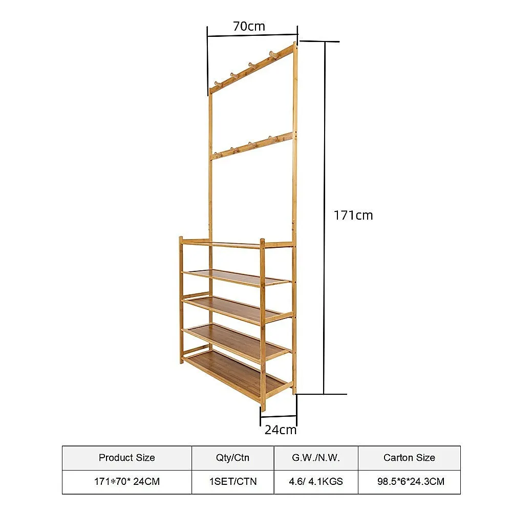 5-Tier Bamboo Coat Shoe Rack with 8 Hooks & Shelves