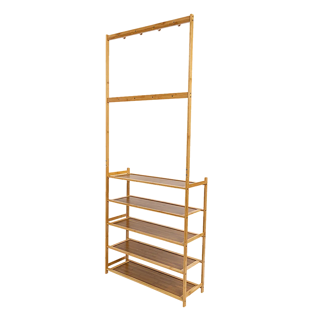 5-Tier Bamboo Coat Shoe Rack with 8 Hooks & Shelves