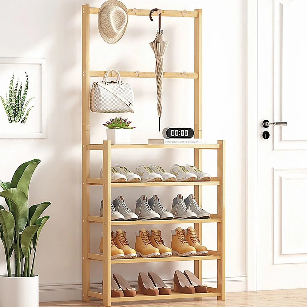 5-Tier Bamboo Coat Shoe Rack with 8 Hooks & Shelves