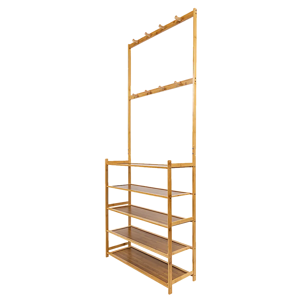 5-Tier Bamboo Coat Shoe Rack with 8 Hooks & Shelves