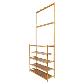 5-Tier Bamboo Coat Shoe Rack with 8 Hooks & Shelves