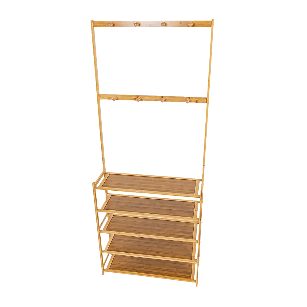 5-Tier Bamboo Coat Shoe Rack with 8 Hooks & Shelves