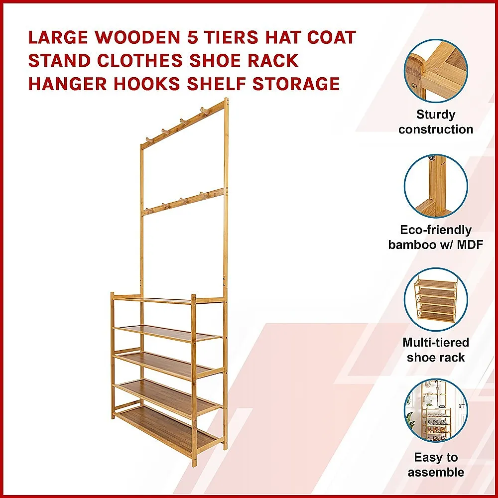 5-Tier Bamboo Coat Shoe Rack with 8 Hooks & Shelves