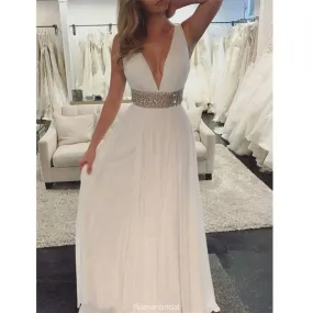 A-line Deep V-neck Beading Backless Long Prom Dress, PD0605