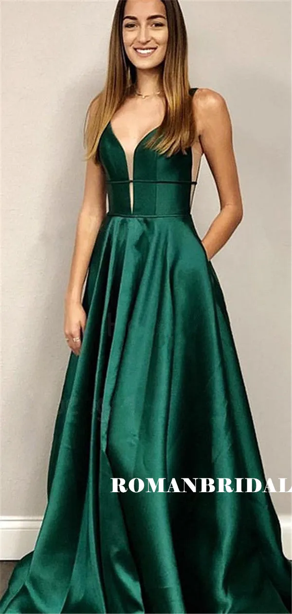 A-line Deep V-neck Sleeveless Backless Green Satin Prom Dresses, PD0854