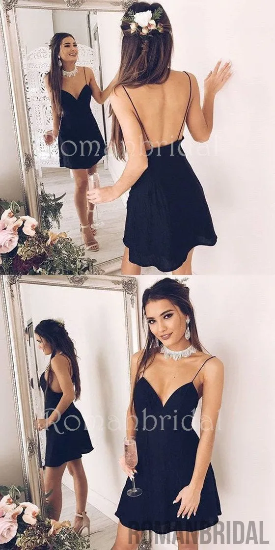 A-Line Spaghetti Straps Backless Short mini V-neck Black Homecoming Dress, HD0315