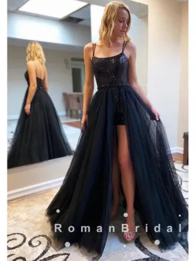 A-Line Spaghetti Straps Detachable Black Tulle Long Prom Dresses With Sequins,RBPD0019