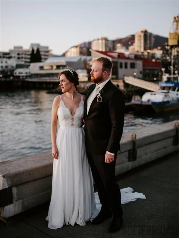 A-line Spaghetti Straps V-neck Long Chiffon Wedding Dresses With Split, WD0478