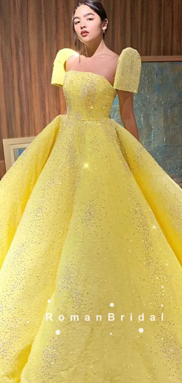 A-Line Strapless Short Sleeves Yellow Long Prom Dresses Online,RBPD0086