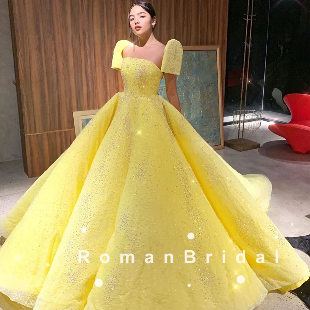 A-Line Strapless Short Sleeves Yellow Long Prom Dresses Online,RBPD0086