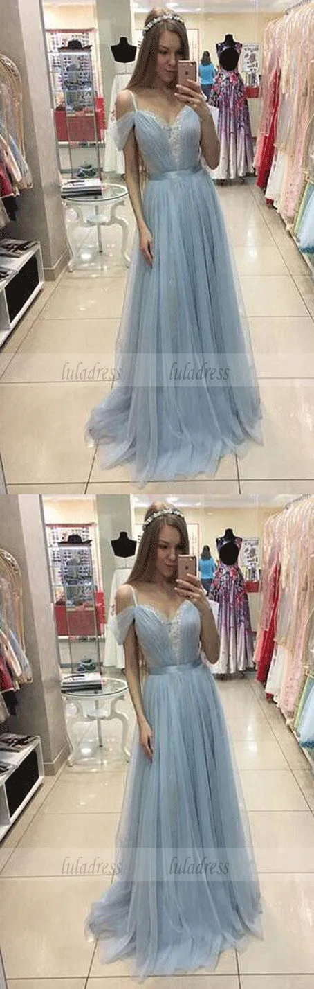 A-line Sweep Train Baby Blue Formal Dress Cap Sleeves Beautiful Straps Tulle Prom Dress,BD99260