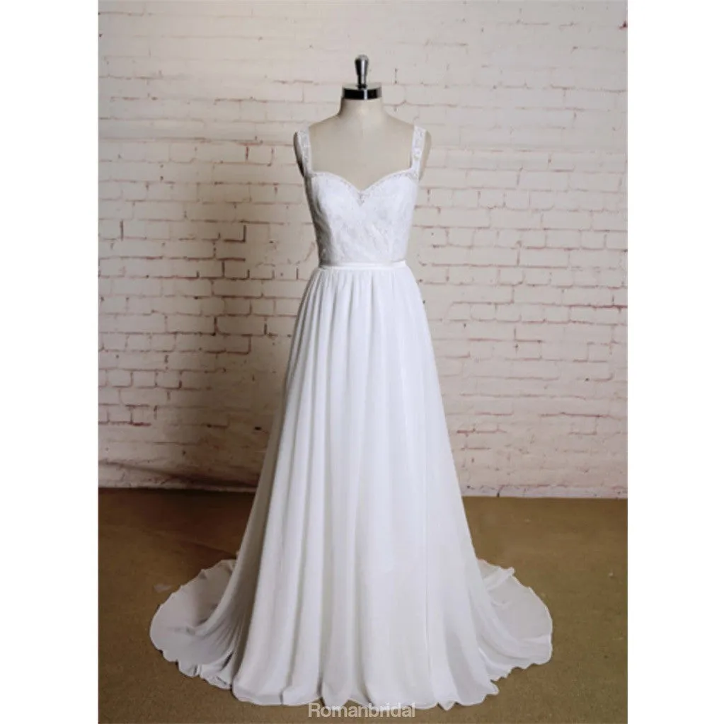 A-line sweetheart lace top chiffon open back simple Wedding Dresses with train, WD0364