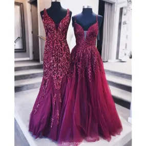 A-line V-neck Red Sequins Appliques Long tulle Prom Dress, PD0631