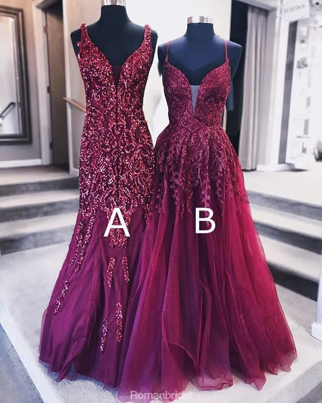 A-line V-neck Red Sequins Appliques Long tulle Prom Dress, PD0631