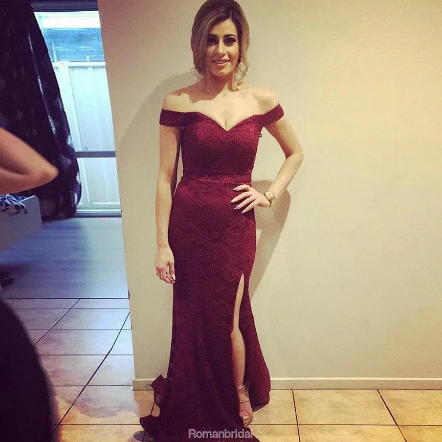 Amazing Floor-length Split Off-the-Shoulder Burgundy Lace Long Bridesmaid Dresses, BD0466