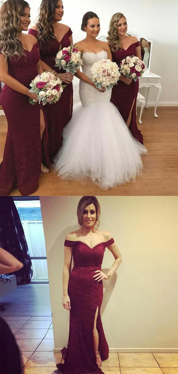 Amazing Floor-length Split Off-the-Shoulder Burgundy Lace Long Bridesmaid Dresses, BD0466