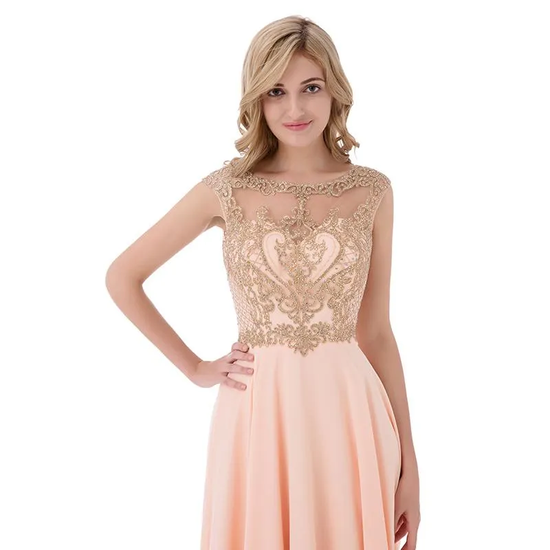 Applique Beaded Long Prom Dresses Dusty Pink Chiffon Evening Dresses A-Line Formal Dresses,LX475