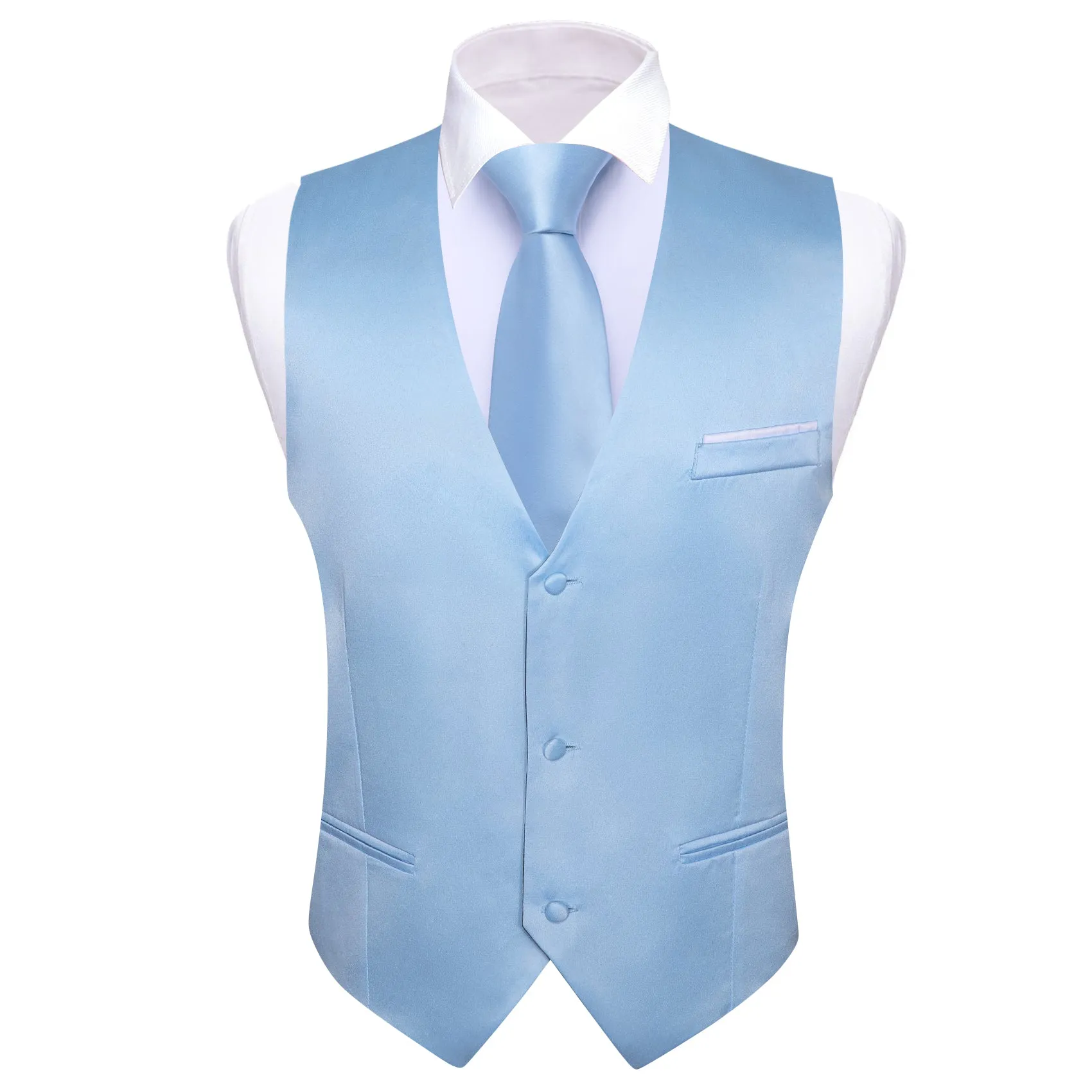 Baby Blue Solid Satin Men's V-Neck Business Vest