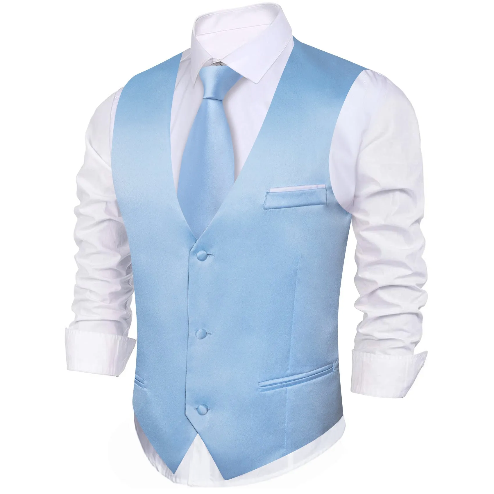 Baby Blue Solid Satin Men's V-Neck Business Vest