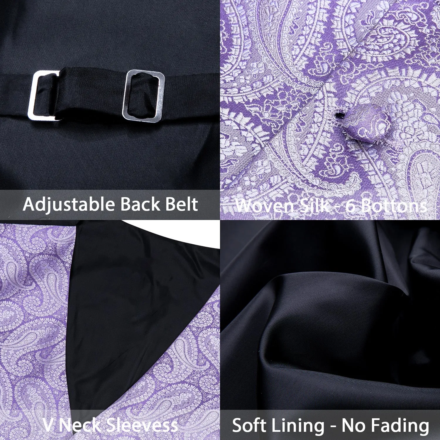 Baby Purple Paisley Silk Men's Vest Tie Hanky Cufflinks Set Waistcoat Suit Set