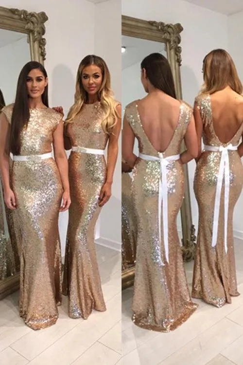 Backless Mermaid Scoop Neck Sequined Floor-length Ribbons Bridesmaid Dresses, BD64