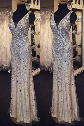 beaded prom dress, long prom dress, v-neck prom dress, charming prom dress, sheath evening dress, BD42