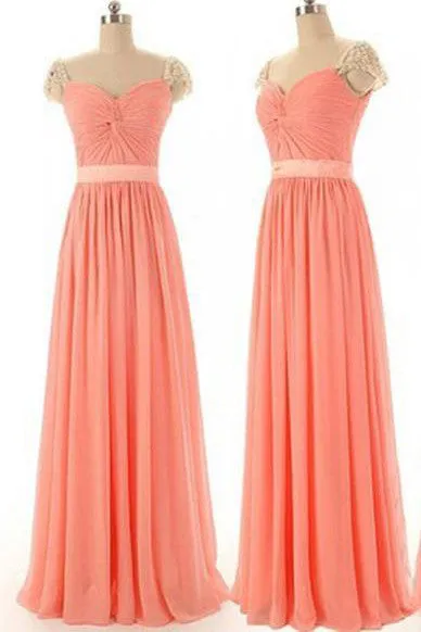 Beading Cap Sleeve Sweet Heart Chiffon Cheap Long Bridesmaid Dresses, Simple Prom Dress