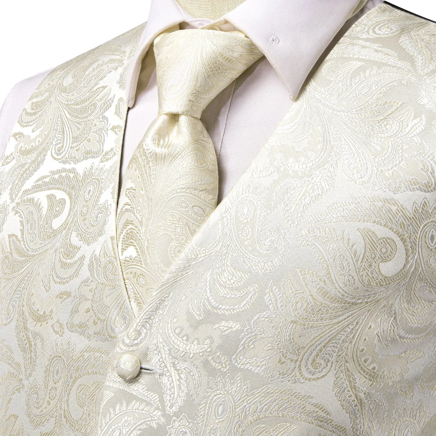 Beige White Paisley Jacquard Silk Men's Vest Hanky Cufflinks Tie Set