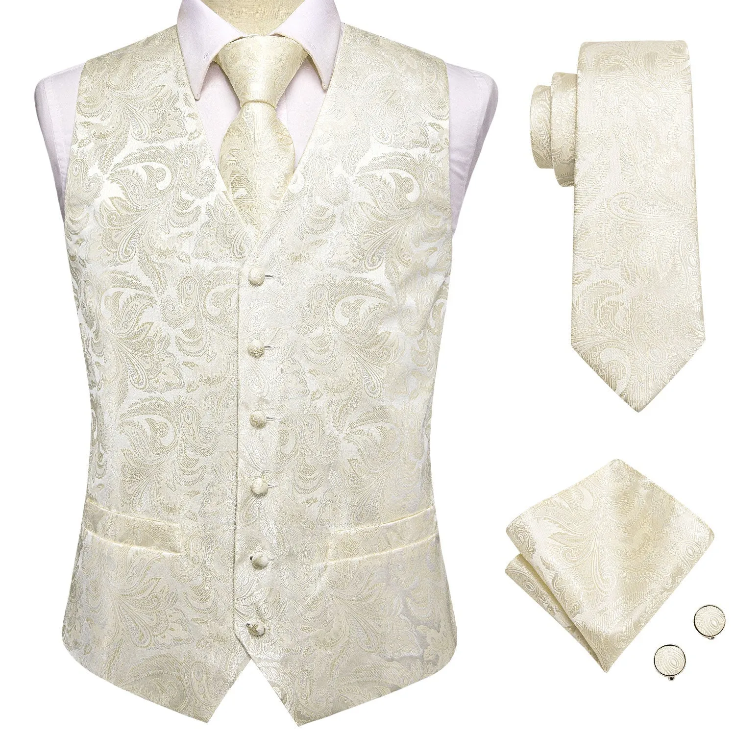 Beige White Paisley Jacquard Silk Men's Vest Hanky Cufflinks Tie Set