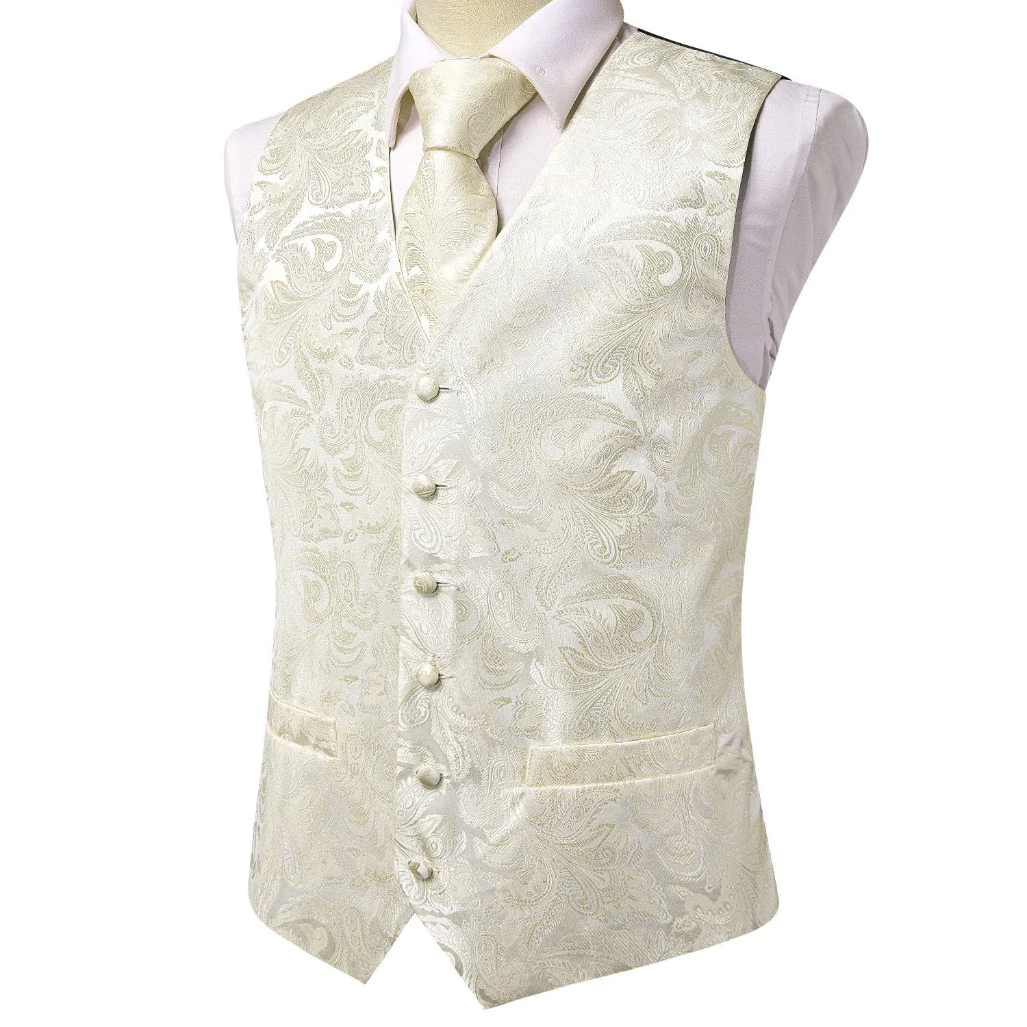 Beige White Paisley Jacquard Silk Men's Vest Hanky Cufflinks Tie Set