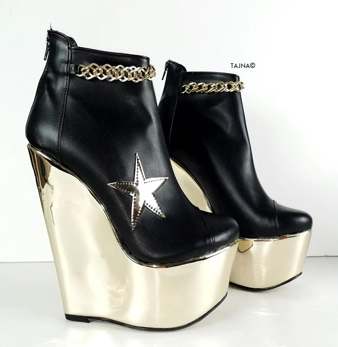 Black Gold Star Detail Ankle Wedges