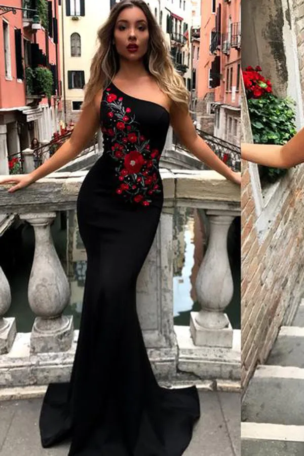 Black One Shoulder Mermaid Pretty Long Prom Dresses, Cheap Prom Dresses, M127