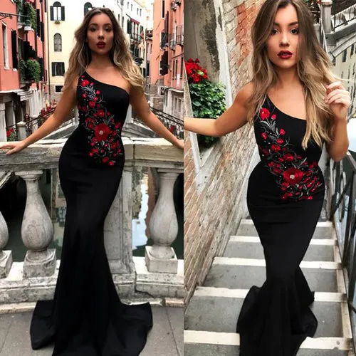 Black One Shoulder Mermaid Pretty Long Prom Dresses, Cheap Prom Dresses, M127