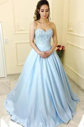 Blue Satin A-line Princess Sweetheart Neck Strapless Long Prom Dresses, M144