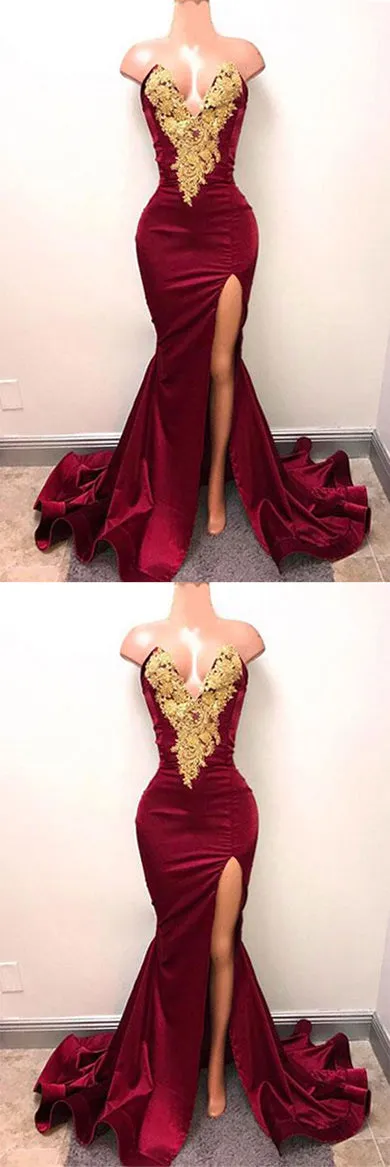 Burgundy Mermaid V-neck Gold Lace Long Prom Dresses with Side Slit, SP448