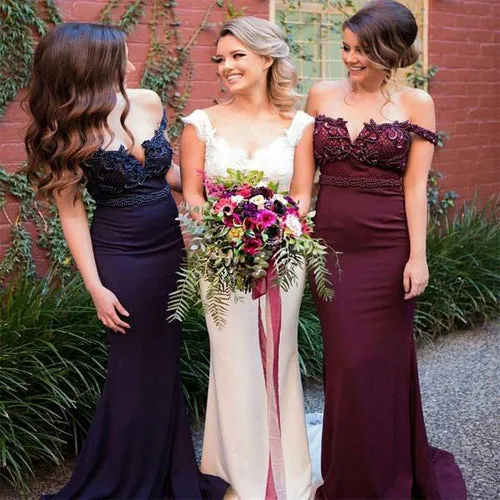 Burgundy Pink Navy Off Shoulder Stunning Mermaid Bridesmaid Dress with Train, BD49