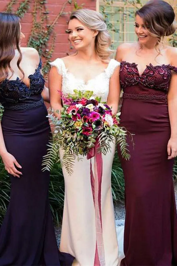 Burgundy Pink Navy Off Shoulder Stunning Mermaid Bridesmaid Dress with Train, BD49