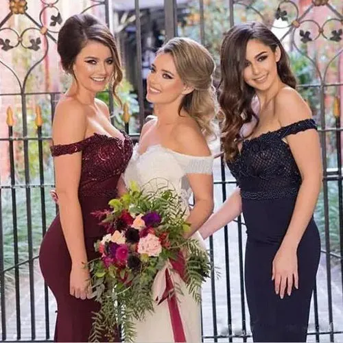 Burgundy Pink Navy Off Shoulder Stunning Mermaid Bridesmaid Dress with Train, BD49