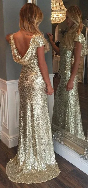 Cap Sleeves Long Prom Dress with Train,Luxurious Gold Sequins,Long Prom Dresses, M8