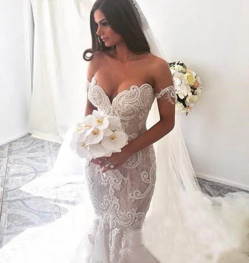 Charming Mermaid Off Shoulder Long Wedding Dress with Appliques, SW96