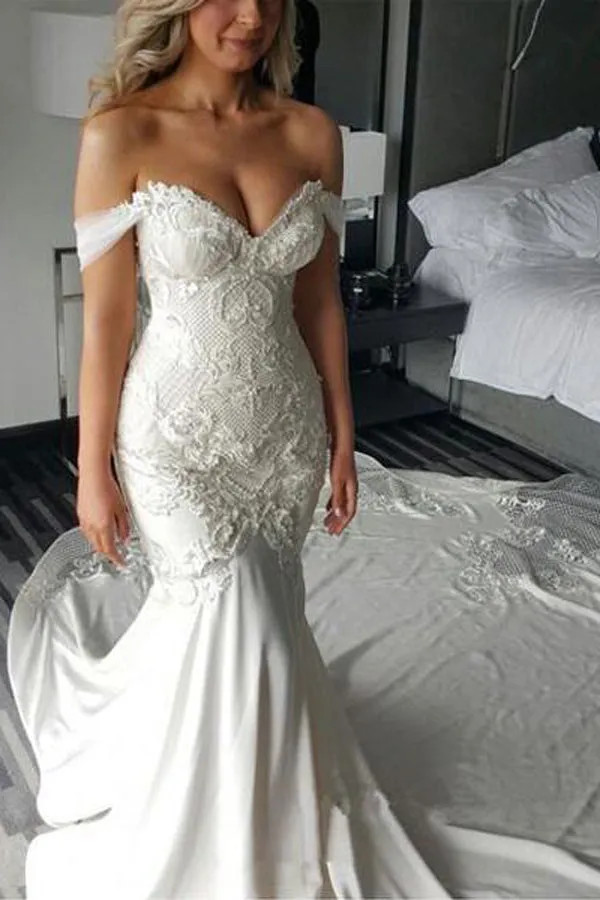 Charming Off Shoulder Mermaid Sweetheart Long Wedding Dress, SW95