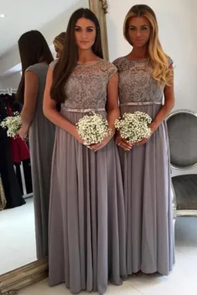 Cheap Scoop Neck Floor Length Lace and Chiffon Bridesmaid Dresses, BD57