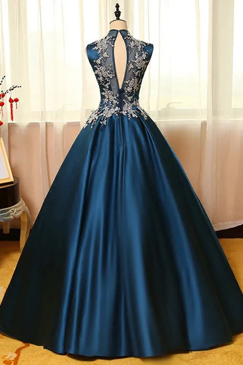 Chic Satin High Neck Ball Gown Long Prom Dresses with Appliques, SP344