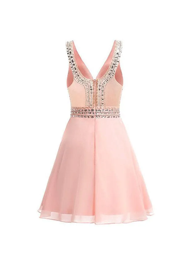 Chiffon Homecoming Dresses,V-neck Short Prom Dresses with Beadings,SVD590