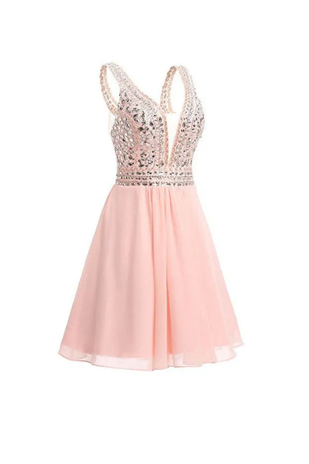 Chiffon Homecoming Dresses,V-neck Short Prom Dresses with Beadings,SVD590