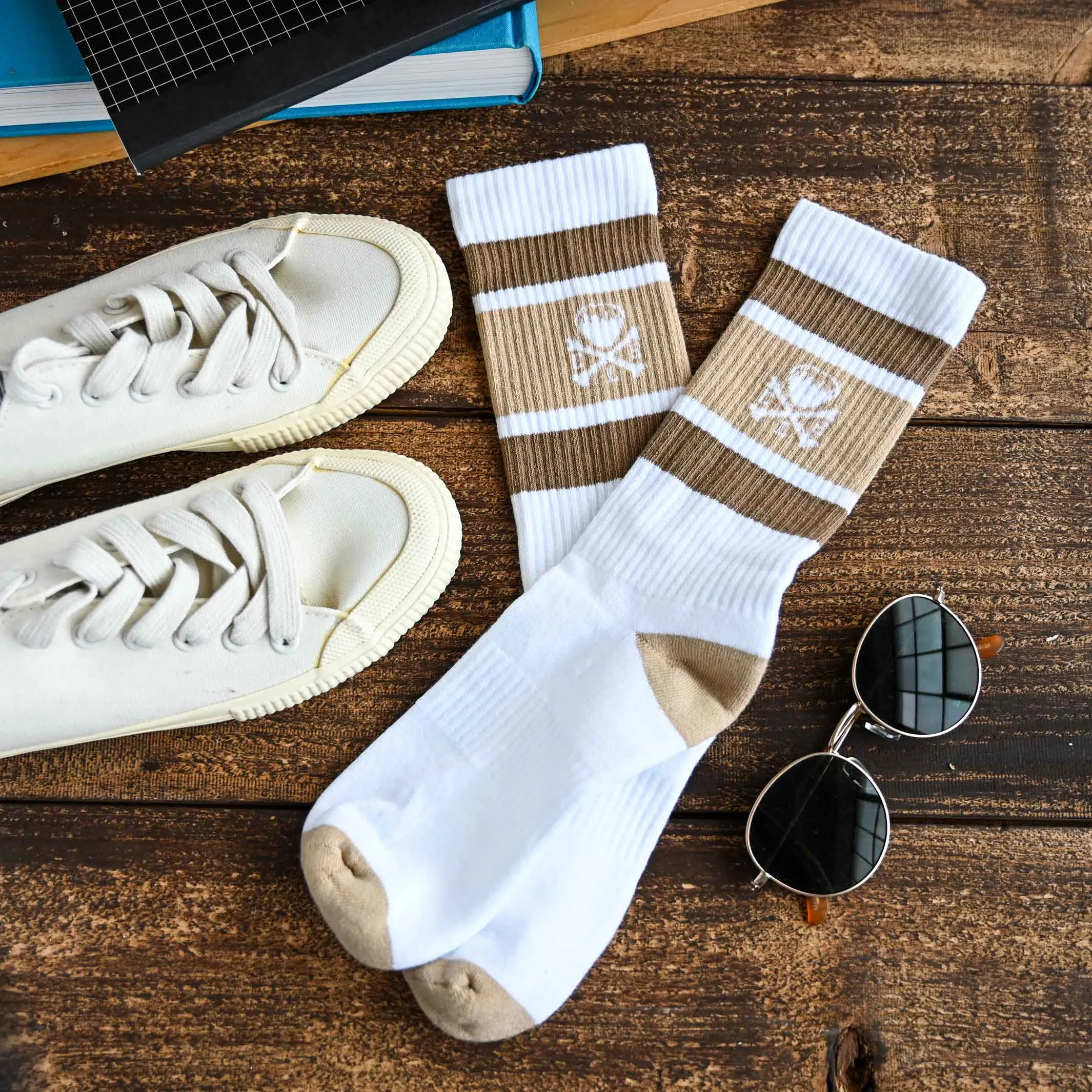 CLE Logo - Striped Crew Socks - Sand/Brown