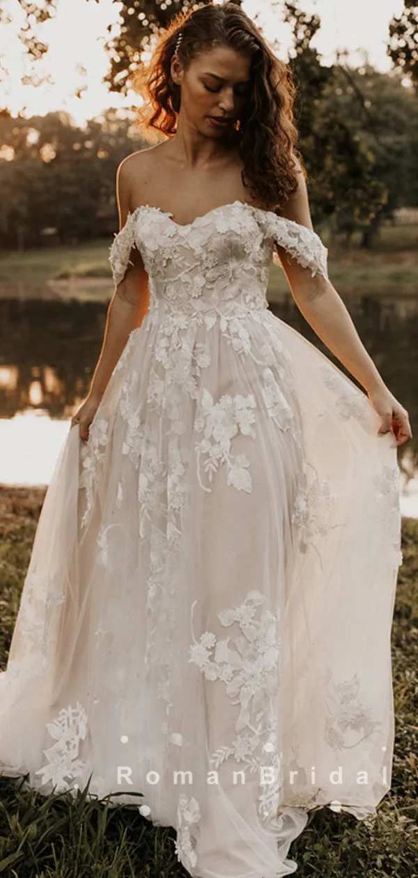 Elegant A-Line Off The Shoulder Tulle Long Wedding Dresses With Lace,RBWD0019